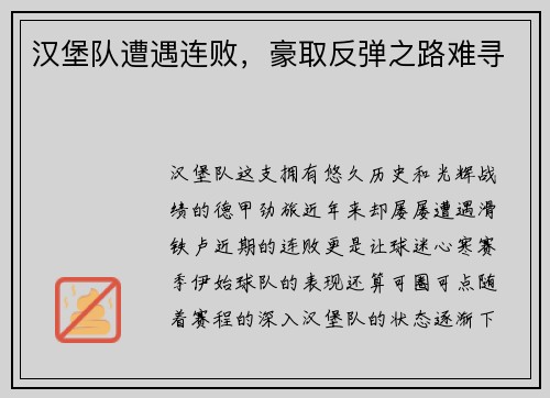 汉堡队遭遇连败，豪取反弹之路难寻