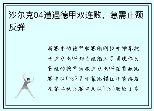 沙尔克04遭遇德甲双连败,急需止颓反弹